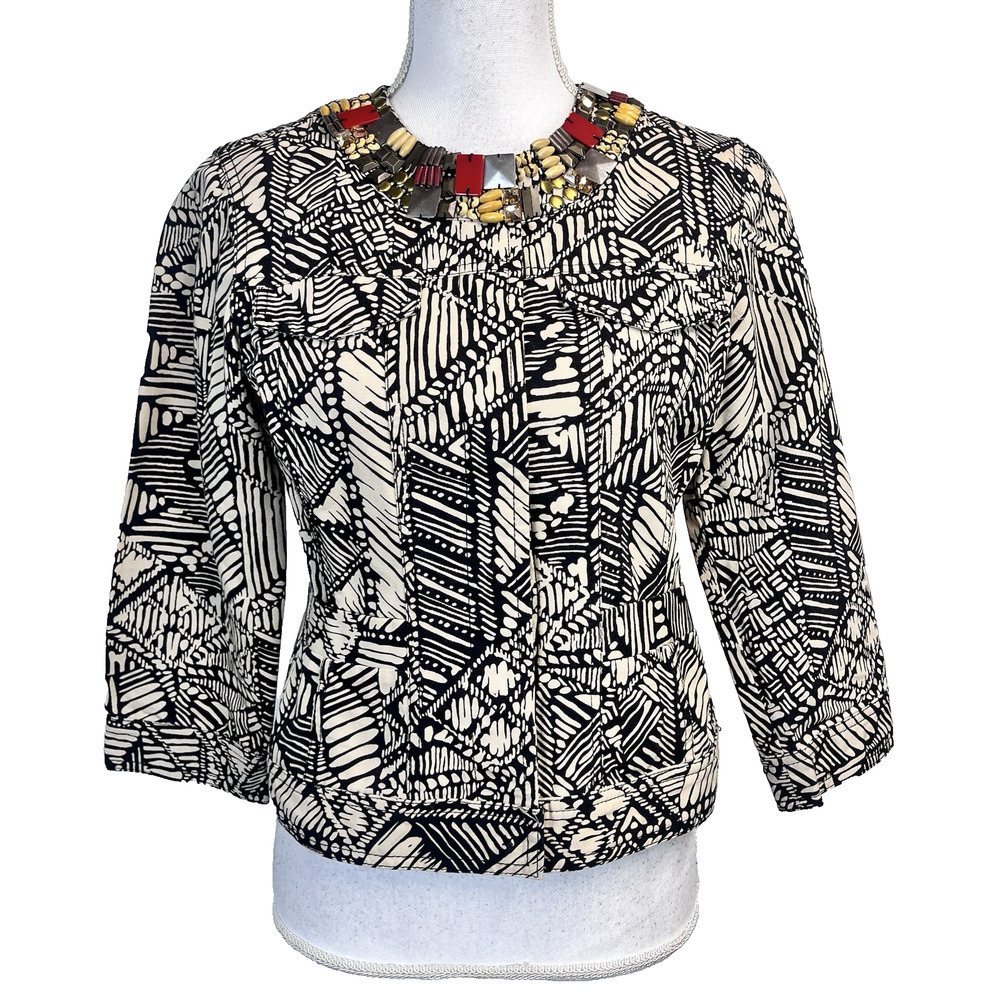 Ruby Rd. Jacket size 6 Black Tan Beads Jewels Artsy Safari Boho Casual Career